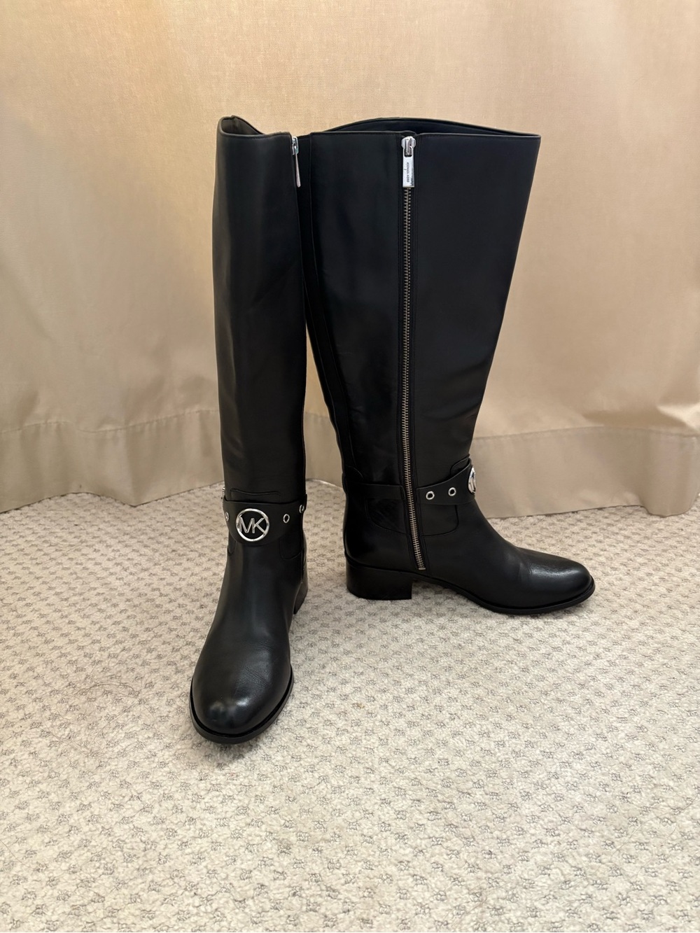 Michael Kors Black Leather Over-the-Knee Riding Boots with Logo Harness - Picture 2 of 10